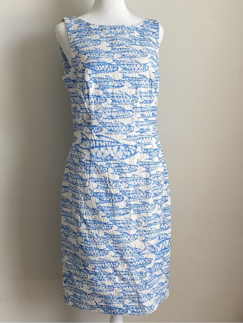 Oscar De La Renta Coastal Fish Print Sheath Dress 8 Formal Nautical Cocktail
